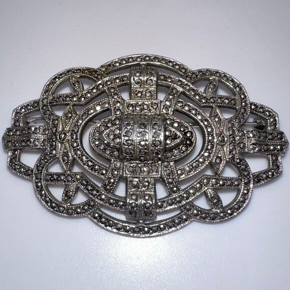 Antique Art Deco 1920s 1930s sterling silver genuine marcasite pin brooch - Picture 1 of 10